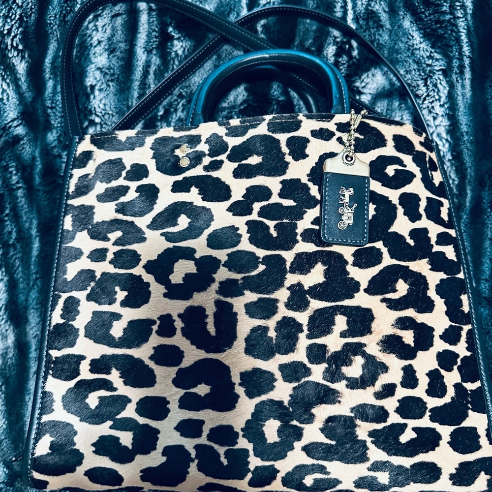 Exceptional Coach Leopard Print on Calf Hair Women's Bag with Black Leather Trim